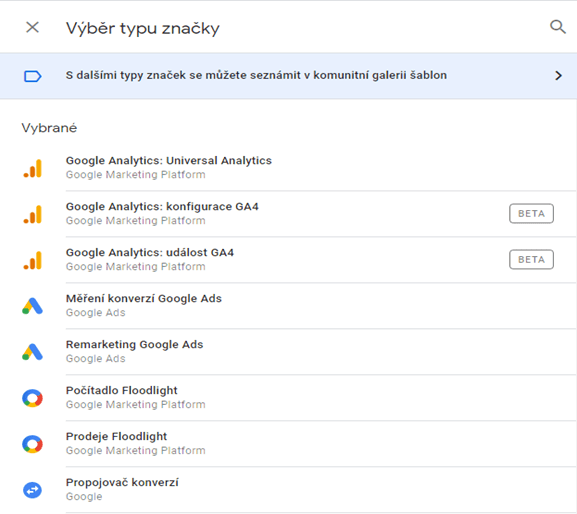 Výběr značky/tagu v rozhraní Google Tag Manager