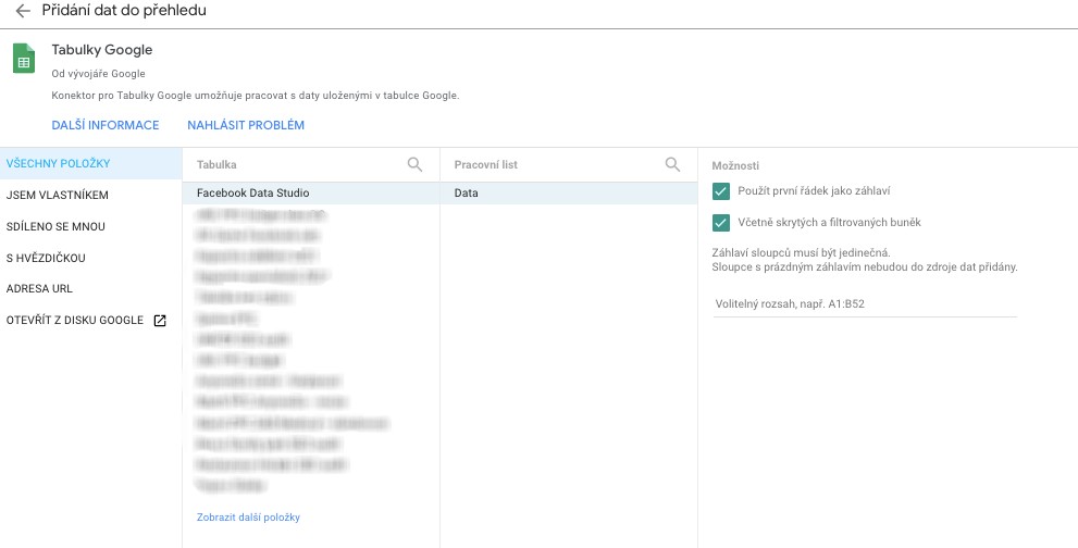 Zvolíme konkrétní list v tabulkách a přidáme data do přehledu.