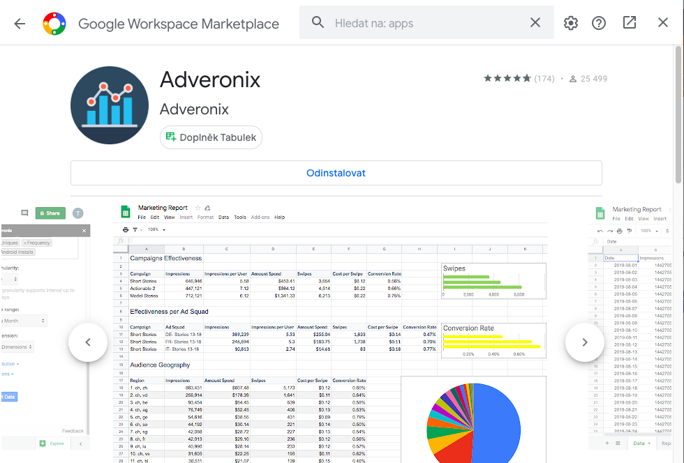 Pro stahování dat je potřeba nainstalovat doplněk Adveronix do tabulek Google.