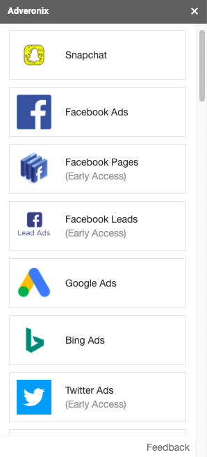 Nabídka platforem doplňku Adveronix
