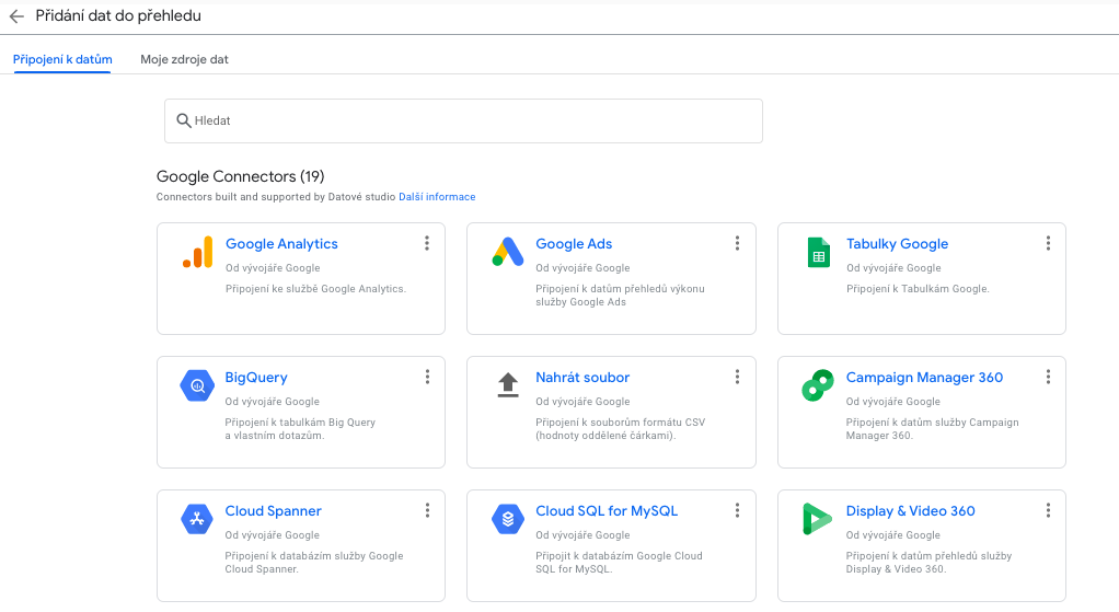 Data Studio je potřeba propojit s Tabulky Google, kde máme data.