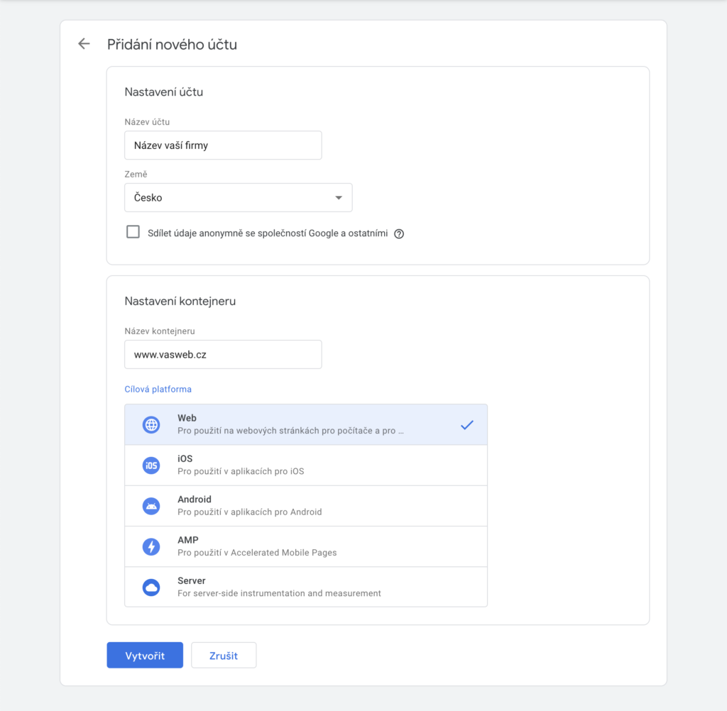 Google Tag Manager - Přidání nového účtu