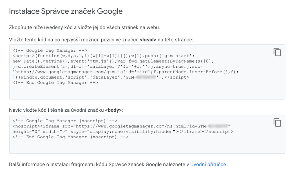 Google Tag Manager - vygenerovaný kód