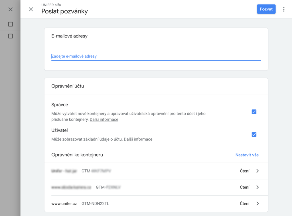 Google Tag Manager - pozvání uživatelů