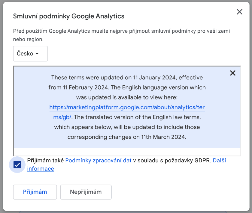 Google Analytics 4 - přijetí smluvních podmínek