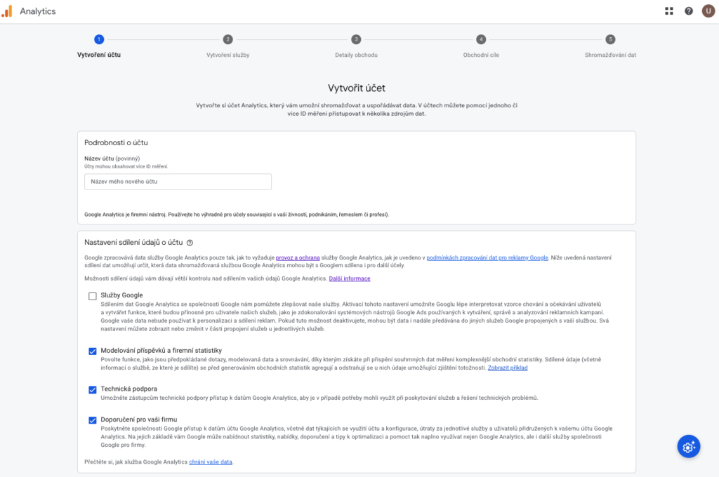 Vytvoření účtu Google Analytics 4