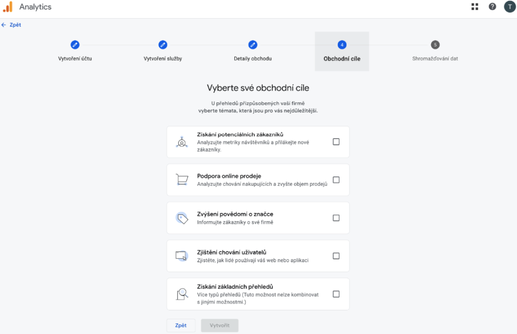Vytvoření účtu Google Analytics 4 - Obchodní cíle