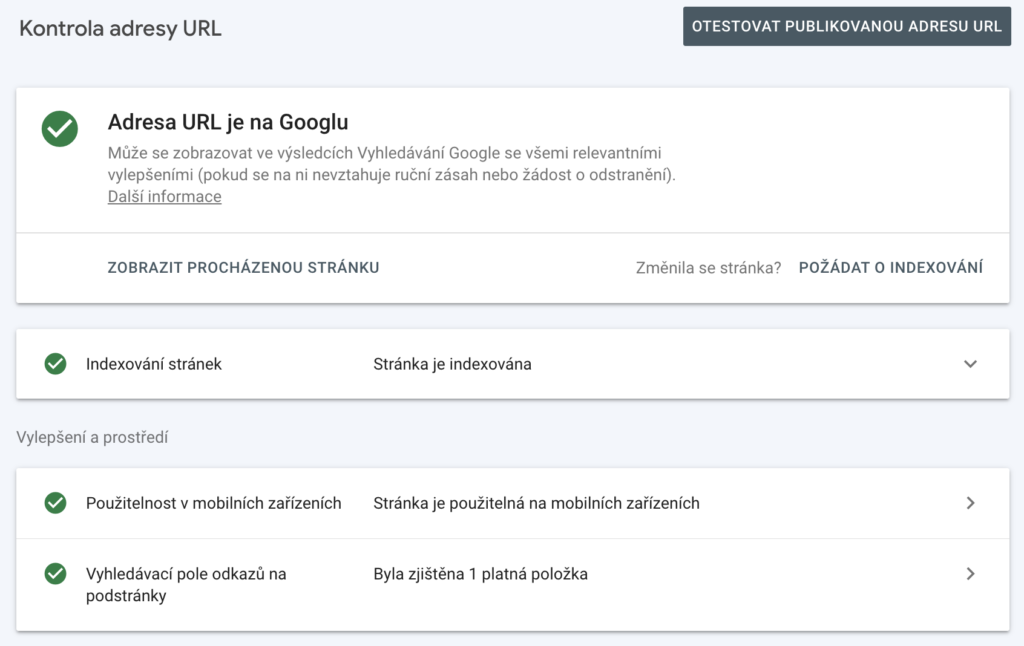Google Search Console výsledky kontroly