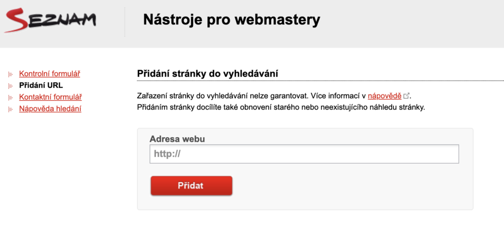 Seznam přidání stránky do vyhledávání